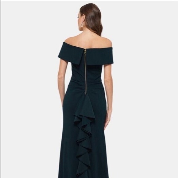 Betsy & Adam Maxi Dress Womens 6 Pine Ruffled Back Off Shoulder Gown Formal - Picture 3 of 4